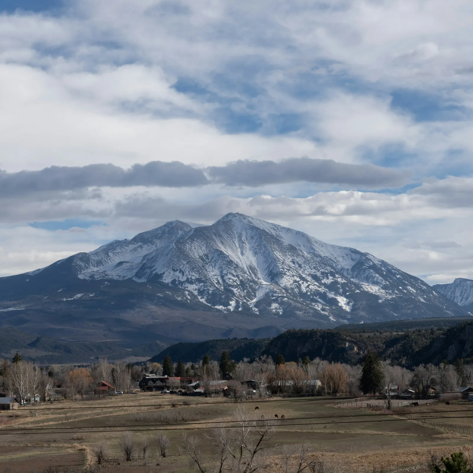 Mount Sopris in early spring, above farms and bare cottonwoods near Carbondale
